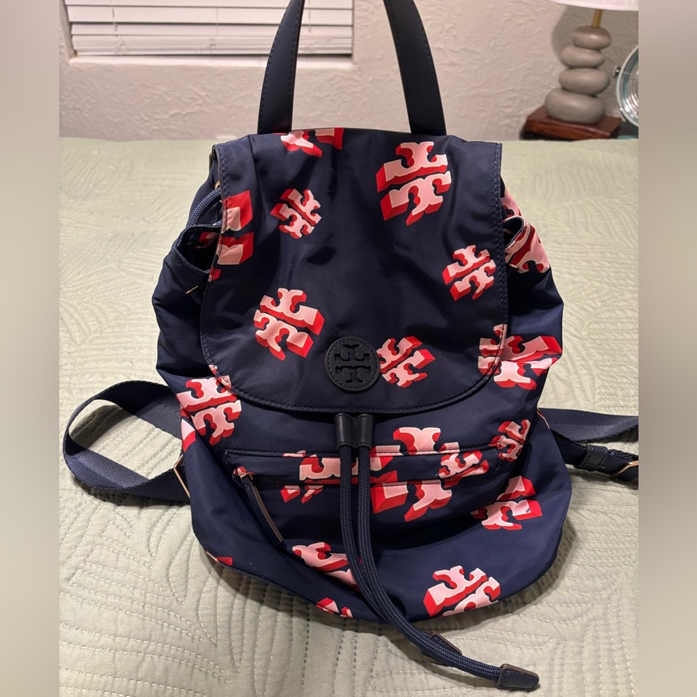 Tory Burch Navy and Red/Pink Logo Backpack